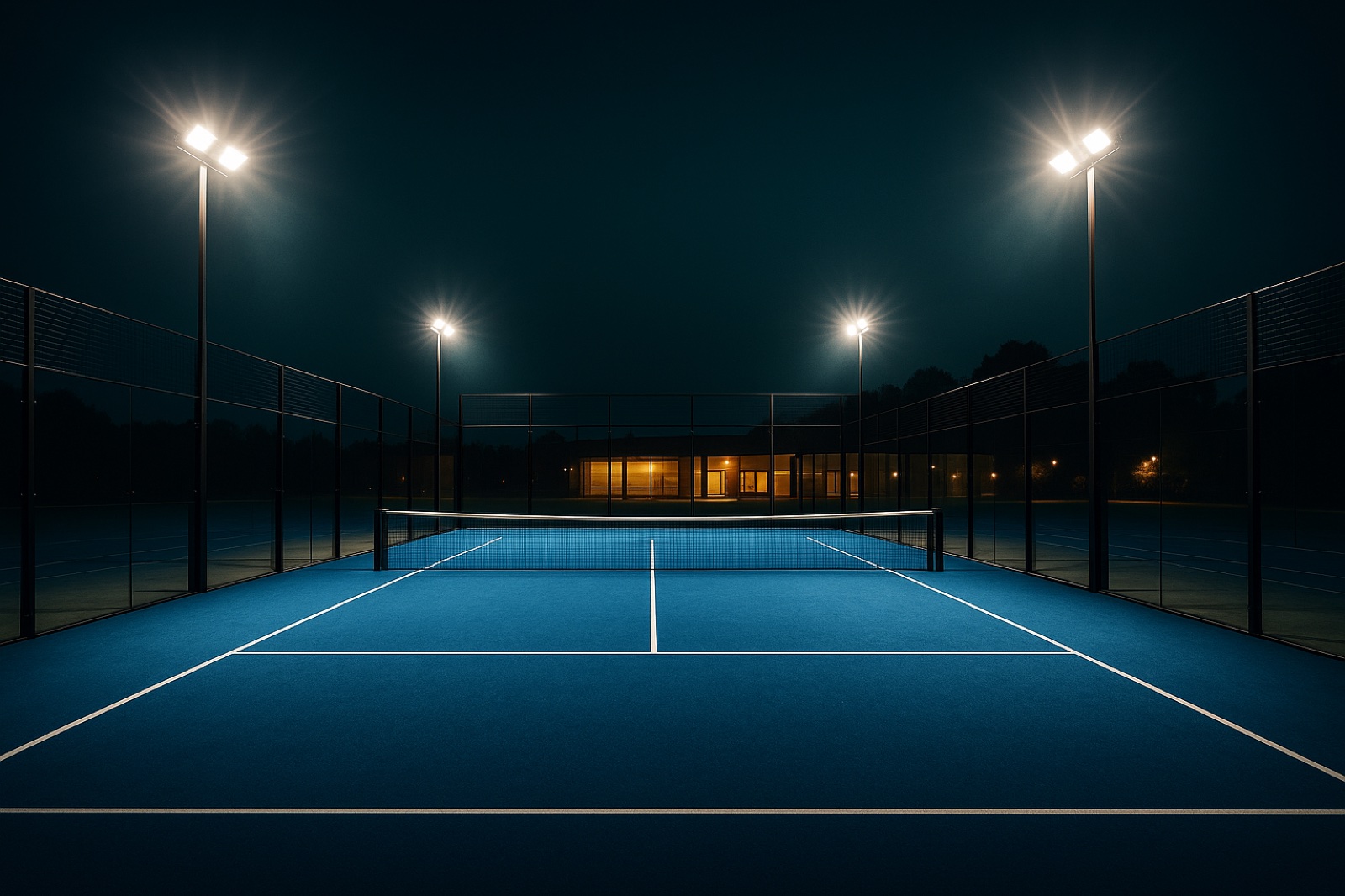 Floodlit smart padel court at night — booking-linked lighting and access by Invisible Wires